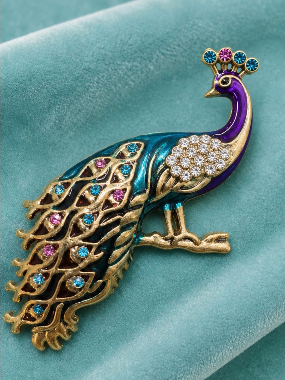 Brooch Peacock Bird on Branch Rhinestone Crystal Statement Colorful Pin - Picture 1 of 7